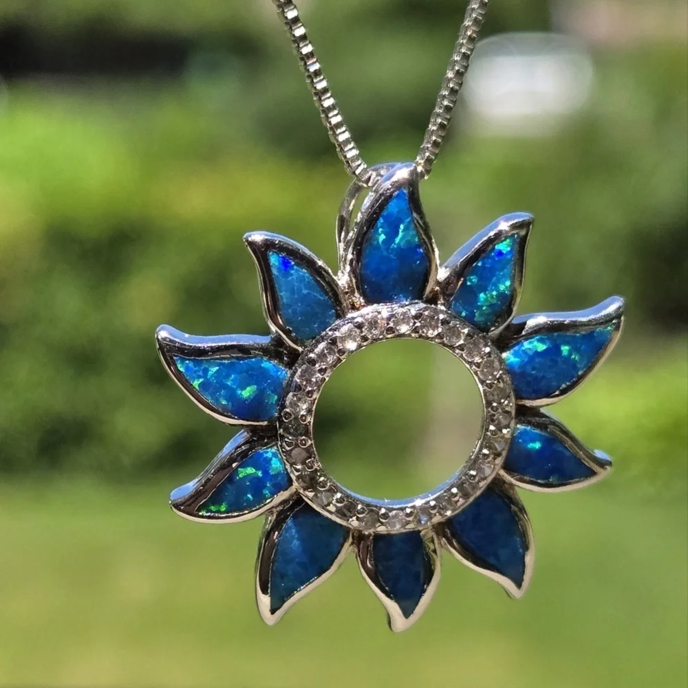 Sterling Silver 925 Necklace Silver 925 Blue Sunflower Opal Pendant Necklace - Picture 9 of 17